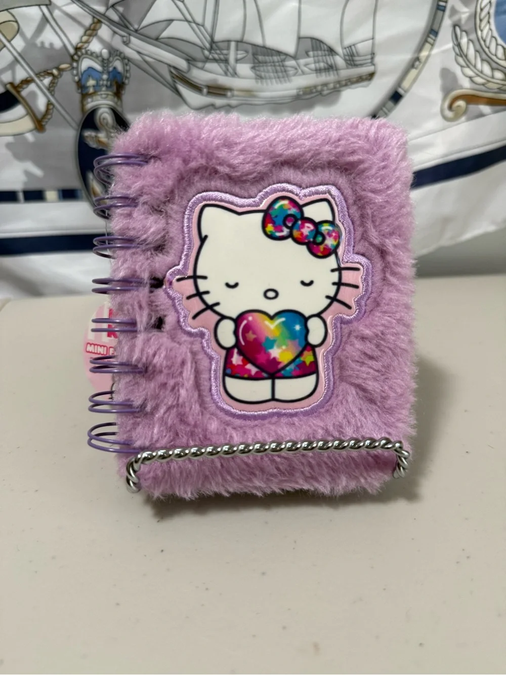 Hello Kitty Lavender Plush Spiral Notebook with Rainbow Heart Patch